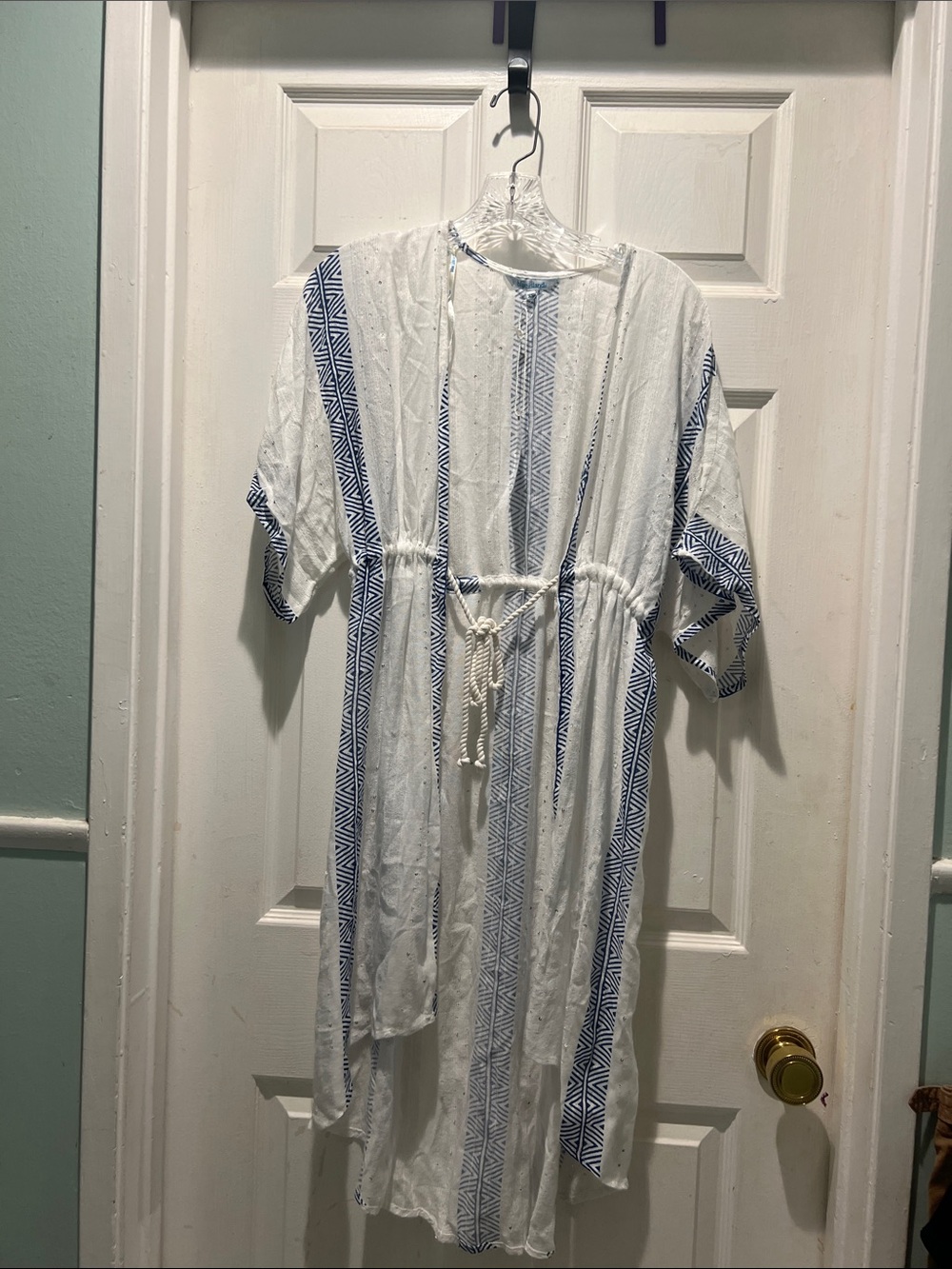blue island White and Blue Striped Swim Coverup with Rope Tie